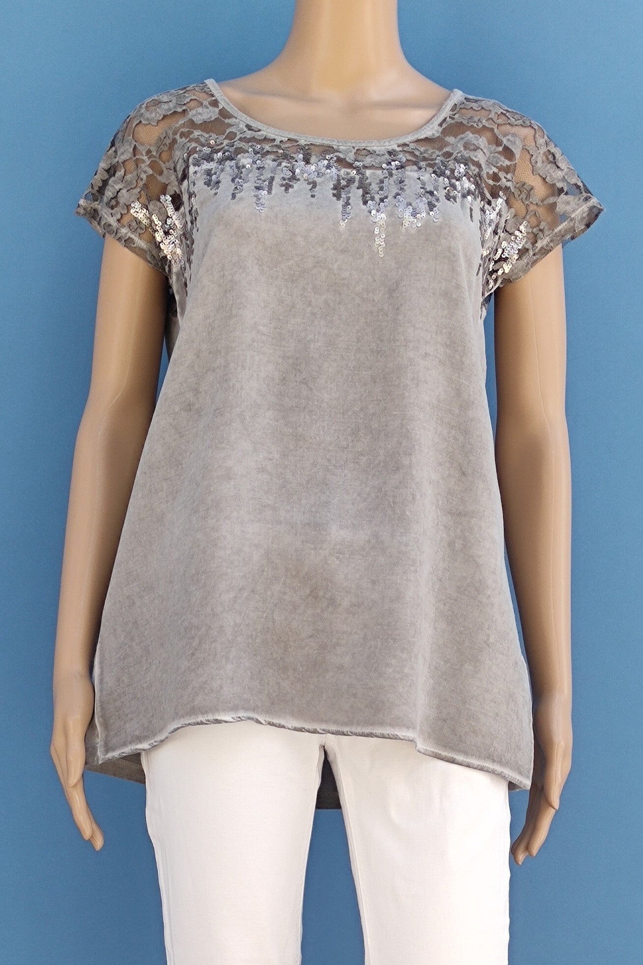 Gerry Weber Bluse kurzarm grau mit Spitze und Pailletten Gr. S (36)