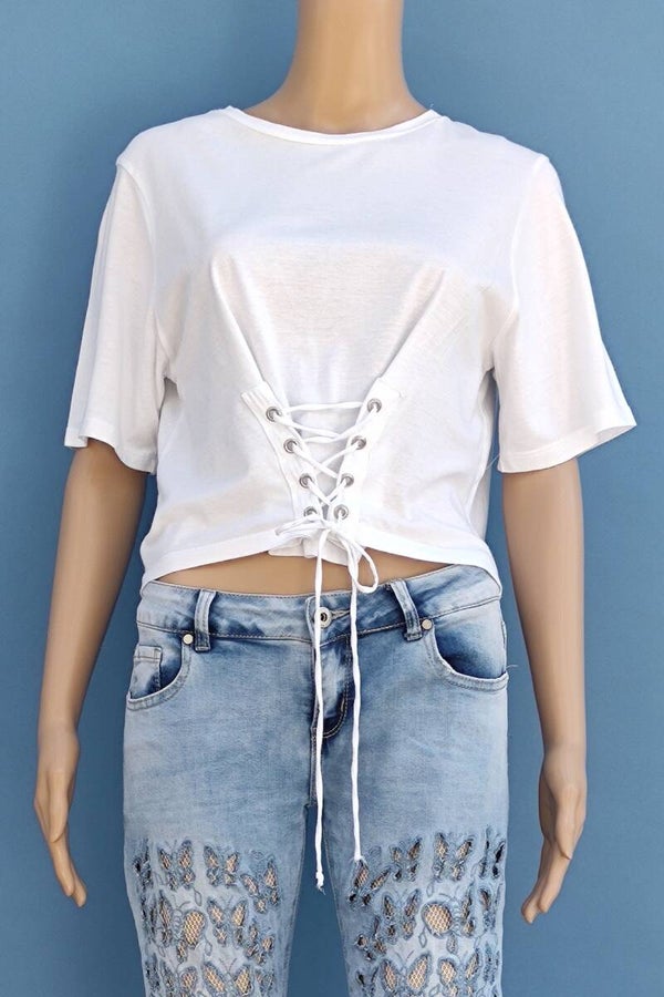 Zara T-Shirt weiß mit Kordelband Gr. M (39)