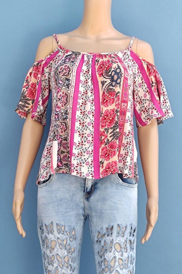 Patrons of Peace Bluse kurzarm und schulterfrei bunt mit Blumen Gr. S (36)