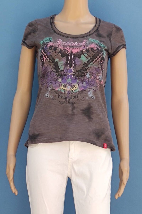 Esprit T-Shirt braun mit Schmetterling und Strasssteine Gr. XS (34)