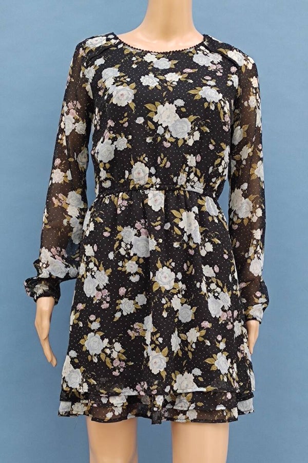 Blusenkleid langarm schwarz mit Blümchen Gr. XS (34)