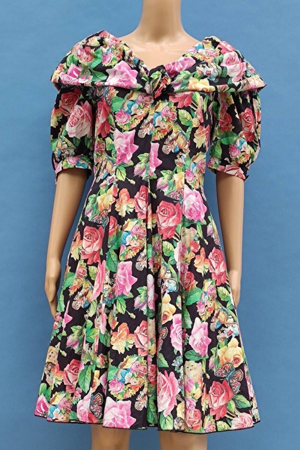 New Fast Vintage Kleid bunt 3/4 Arm mit Rosenmuster Gr. S (36) NEU