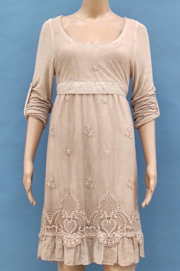 Made in Italy romantisches Kleid langarm mit Stickerei beige Gr. S (36)