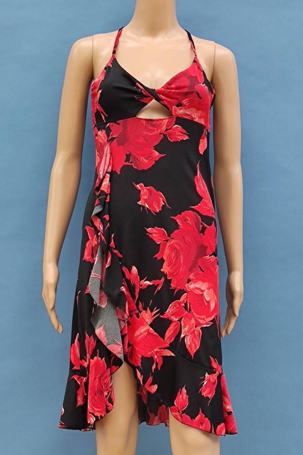 Ler Paris Cocktailkleid ärmellos schwarz/rot mit Rosen Gr. S (36)