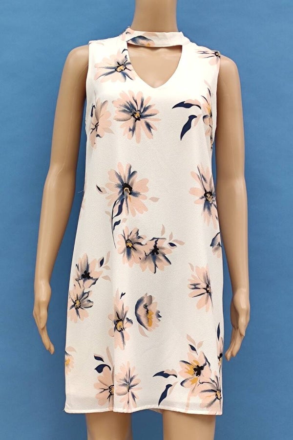 Neckholderkleid ärmellos creme mit Blumen Gr. S (36)