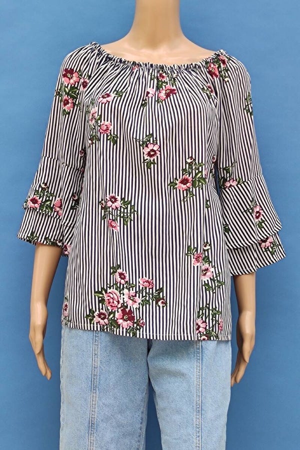 Lascana Bluse 3/4 Arm weiß/blau gestreift mit Blumen Gr. M (38)