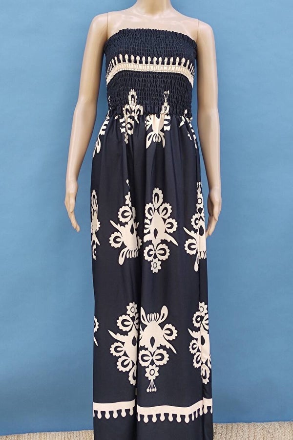 Made in Italy weites Bein Jumpsuit schulterfrei schwarz/creme mit Muster Gr. XS (34)