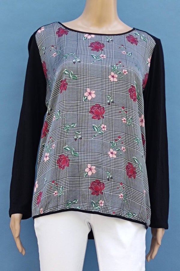 s.Oliver Langarmshirt mit Bluse schwarz/bunt mit Blumen und Musterung Gr. L (40)