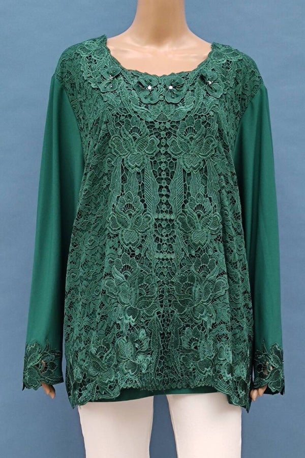 Alfredo Pauly Langarmshirt dunkelgrün mit Spitzenstickerei Gr. 6XL (52)