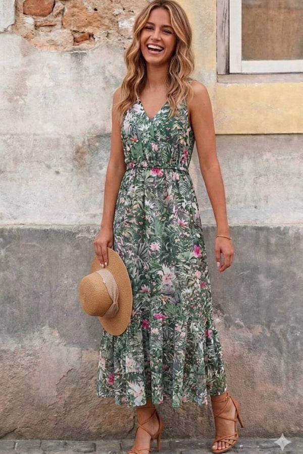 H&M Maxikleid ärmellos grün/bunt Dschungelmotiv Gr. S (36)