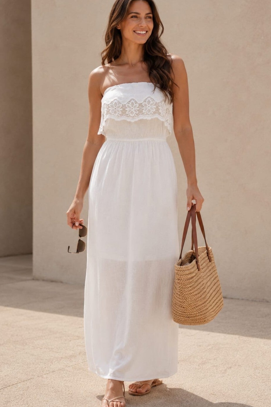 H&M Maxikleid ärmellos schulterfrei weiß Gr. L (40)