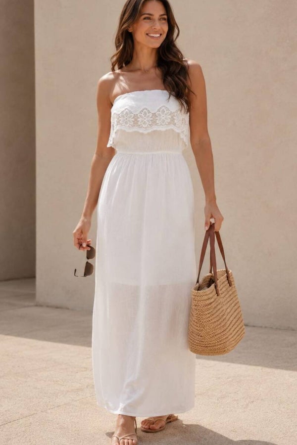 H&M Maxikleid ärmellos schulterfrei weiß Gr. L (40)