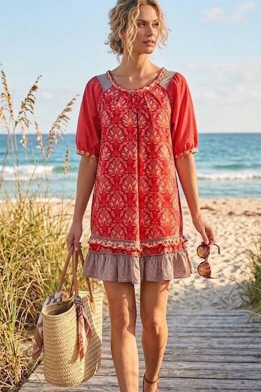 Himalaya Kleid rot/bunt mit Muster Gr. S (36)
