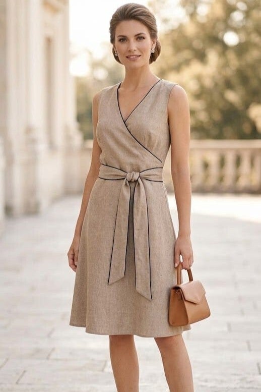 Esprit Leinen Wickelkleid ärmellos beige Gr. S (36)