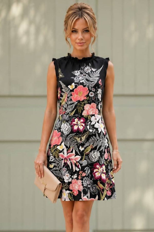 Oasis Kleid ärmellos schwarz/bunt mit Blumen Gr. S (36)
