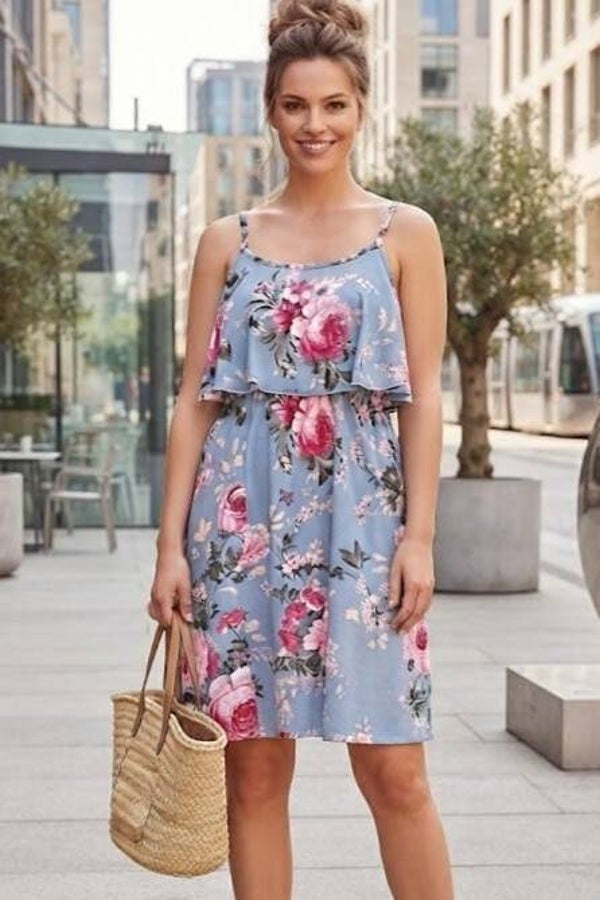 J. Stars Kleid ärmellos hellblau mit Blumen Gr. L (40)