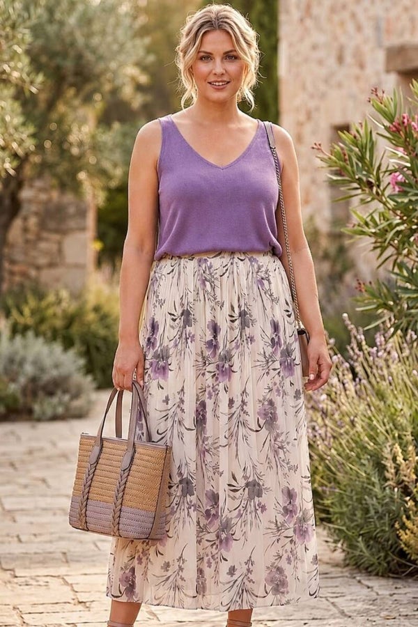 Reserved Maxi Faltenrock beige/lila mit Blumenmuster Gr. XL (42)