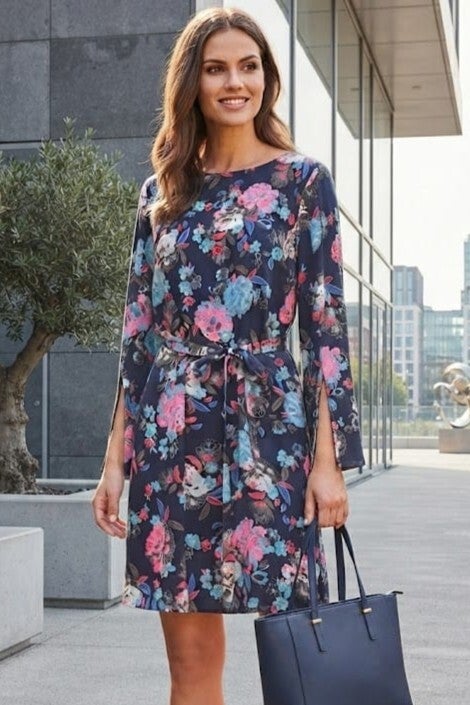 Promod Blusenkleid langarm blau/pink mit Blumen Gr. M (38)