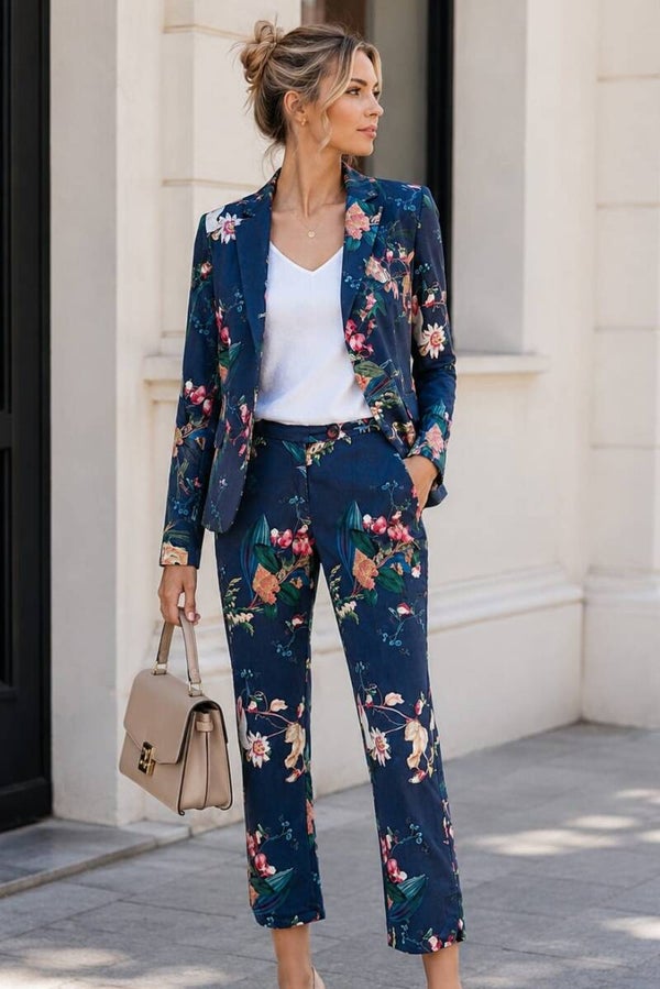 Daniel Hechter Chino Stoffhose blau mit Blumen und Blätter Gr. XXS (32)