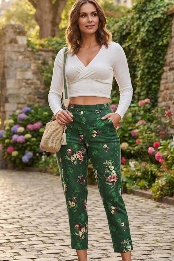 H&M Cropped Stoffhose grün mit Blumen Gr. M (38)