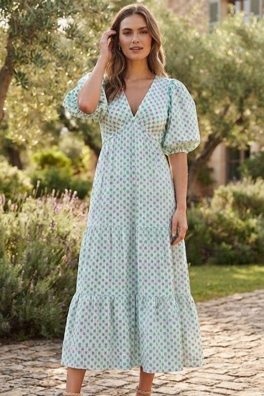 Mango Maxikleid grün mit Blümchen Gr. S (36)