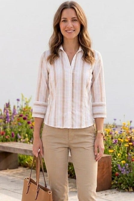 H&M Bluse 3/4 Arm weiß/beige gestreift Gr. S (36)
