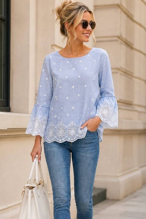 s.Oliver Bluse 3/4 Arm hellblau/weiß gestreift mit Stickerei Gr. M (38)