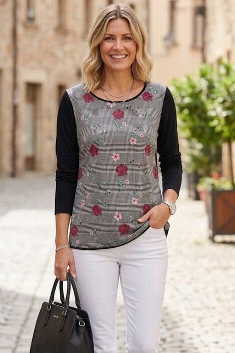 s.Oliver Langarmshirt mit Bluse schwarz/bunt mit Blumen und Musterung Gr. L (40)