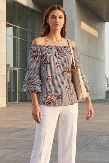 Lascana Bluse 3/4 Arm weiß/blau gestreift mit Blumen Gr. M (38)