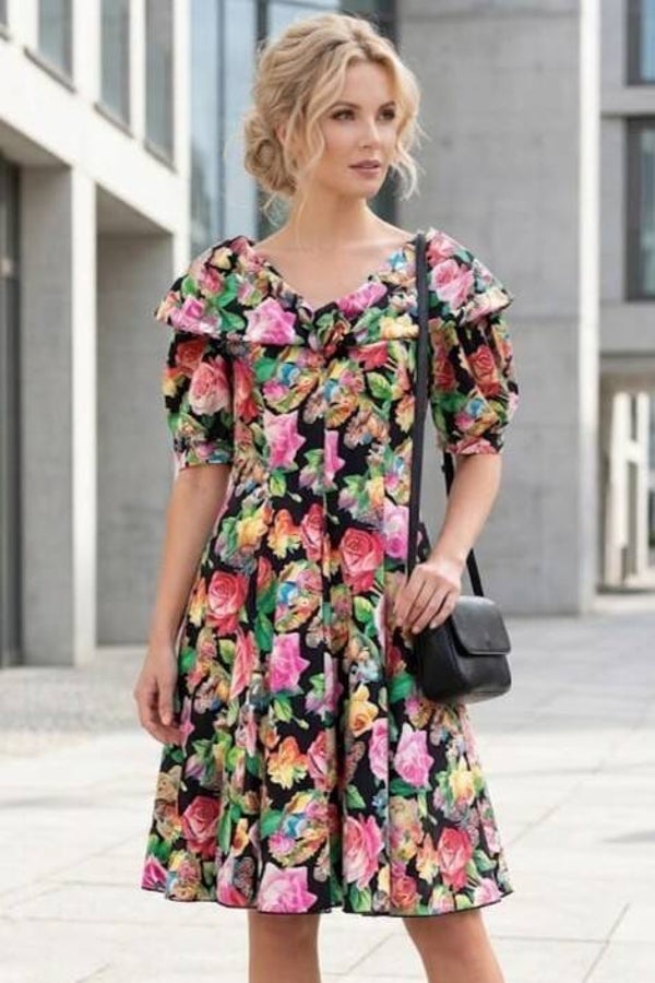 New Fast Vintage Kleid bunt 3/4 Arm mit Rosenmuster Gr. S (36) NEU