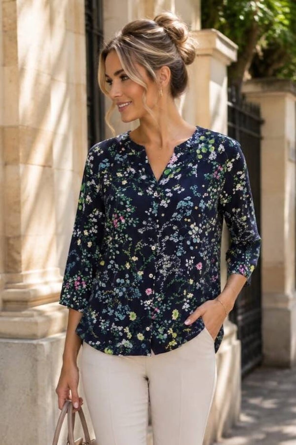 Street One Bluse 3/4 Arm dunkelblau Blumenmuster Gr. M (38)