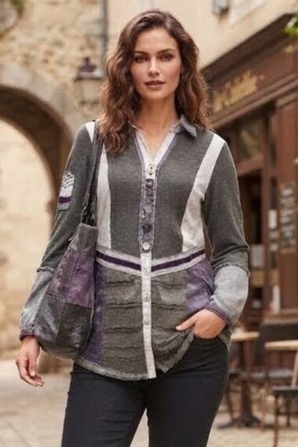 Biba Bluse langarm grau/lila/weiß Gr. XL (42)