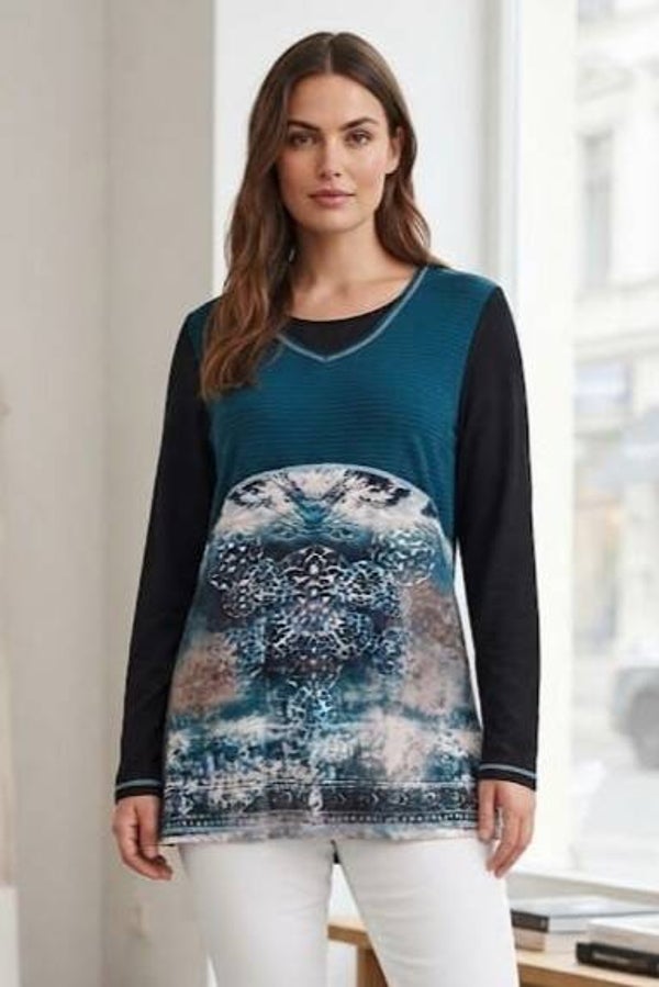 Bonita Langarmshirt schwarz/dunkelblau mit Muster Gr. M (38)