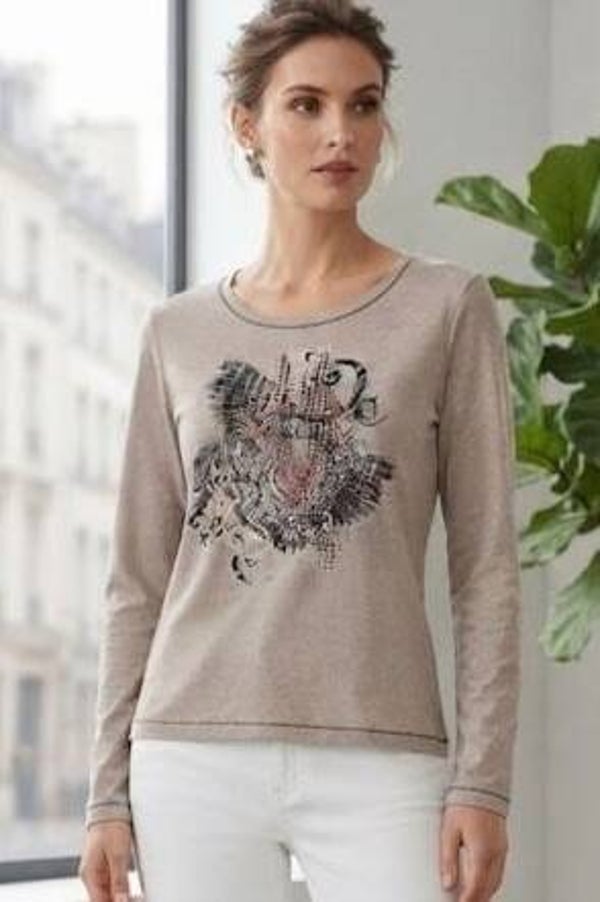 Gerry Weber Langarmshirt grau mit Motiv und Strasssteine Gr. S (36)