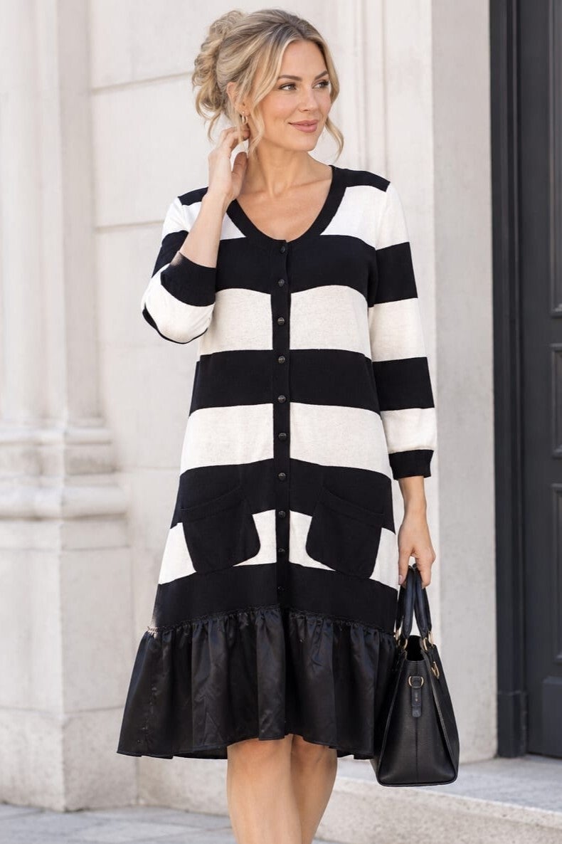 Amy Vermont Langarmkleid schwarz/weiß gestreift Gr. L (40)