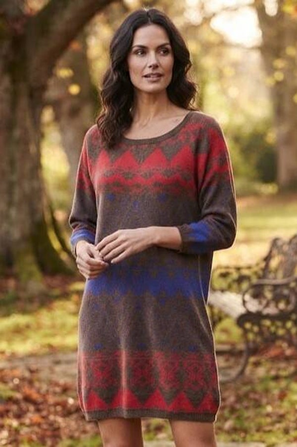 Montego Strickkleid 3/4 Arm braun/rot/blau Gr. XL (42)