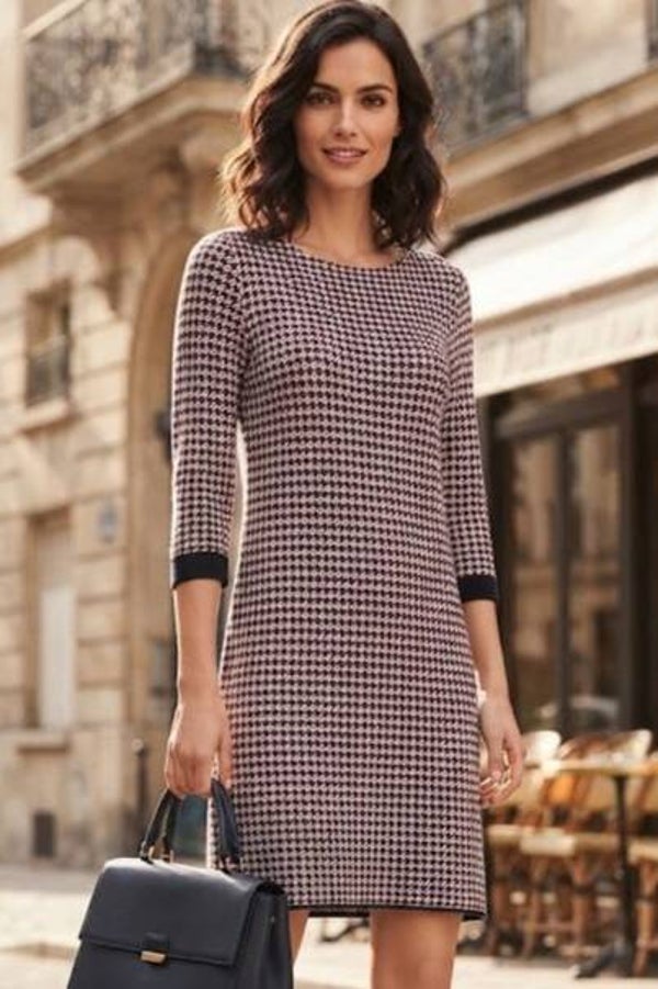 s.Oliver Strickkleid 3/4 Arm weiß/weinrot Hahnentrittmuster Gr. XS (34)