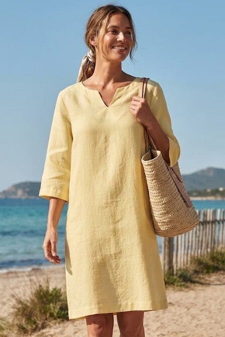 Adagio Leinenkleid 3/4 Arm gelb Gr. XL (42)