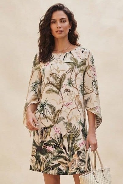 H&M Blusenkleid 3/4 Arm creme mit Blättermotiv Gr. M (38)