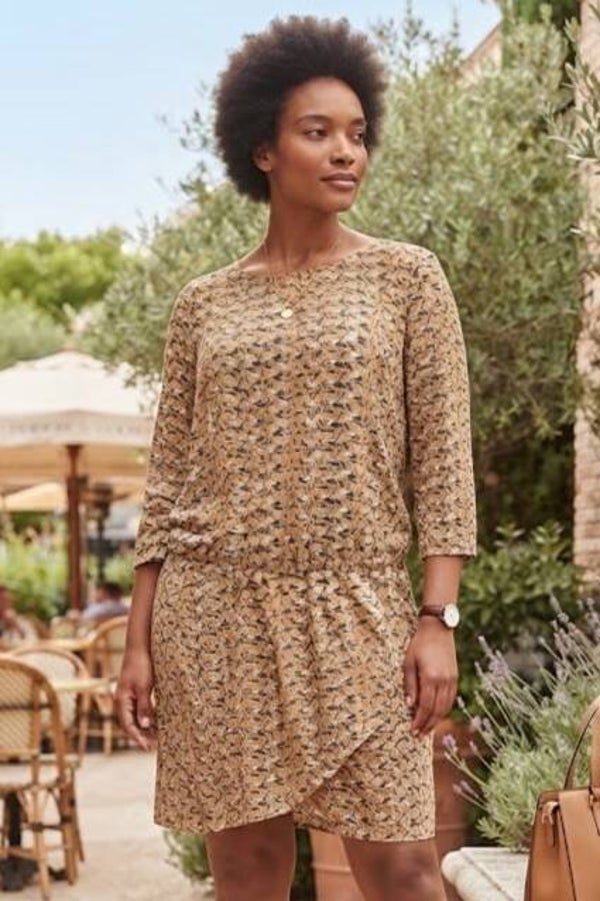 Promod Kleid 3/4 Arm beige mit Vögelmotiv Gr. L (40)