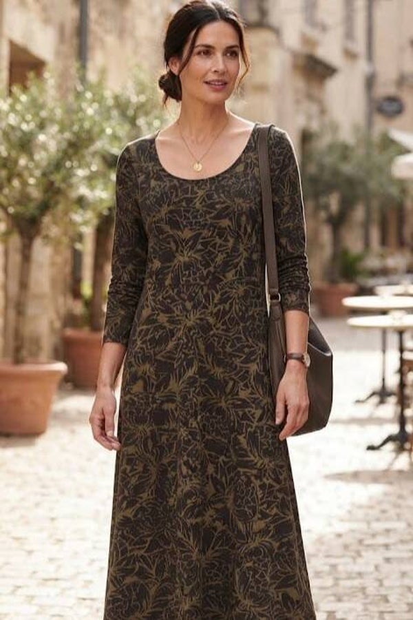 Peruvian Connection Maxikleid langarm schwarz/braun mit Muster Gr. L (40)