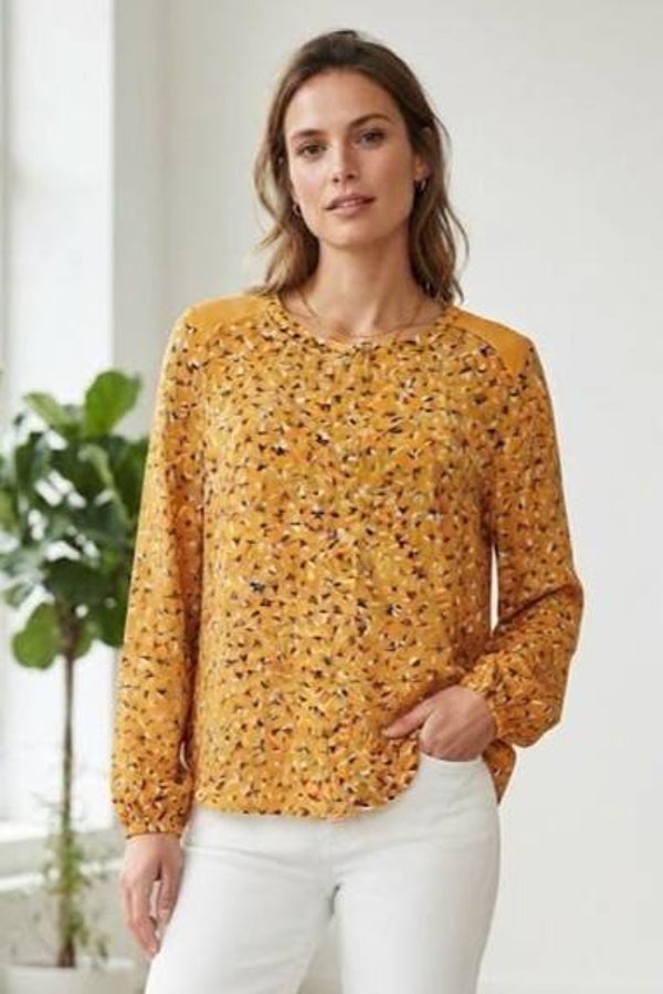Esprit Bluse langarm senfgelb/bunt mit Blattmuster Gr. M (38)