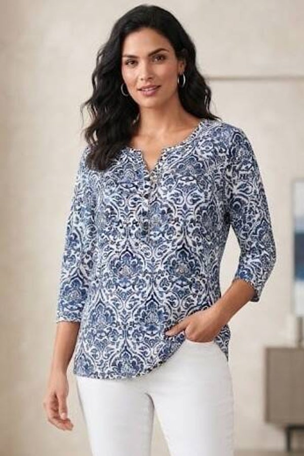 Bonita Bluse 3/4 Arm weiß/dunkelblau mit Musterung Gr. L (40)