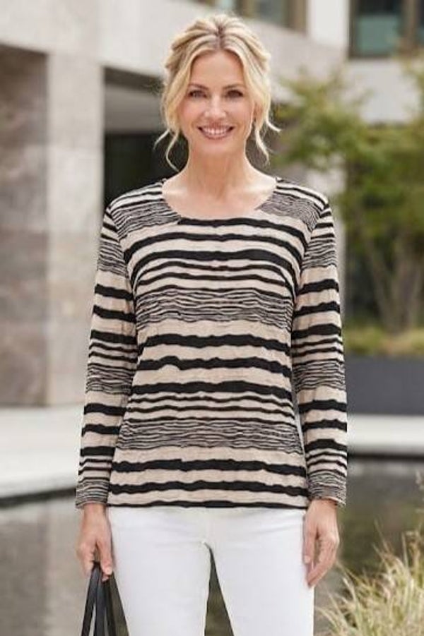 Kriss Langarmshirt schwarz/beige Streifenmuster mit Struktur Gr. L (40)