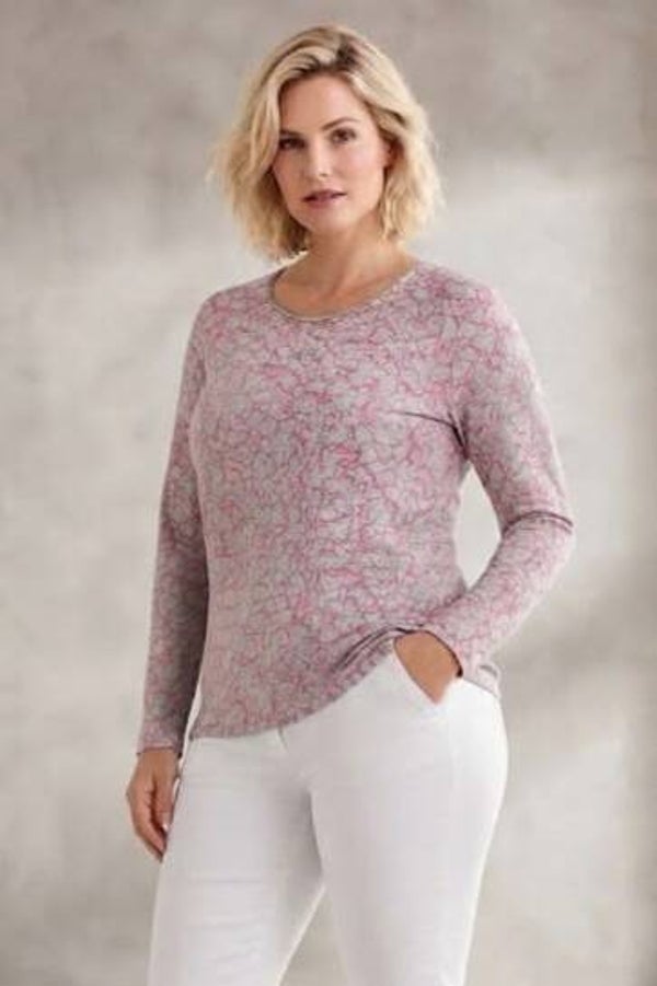 Gerry Weber Langarmshirt grau/pink mit Herzmuster Gr. XL (42)