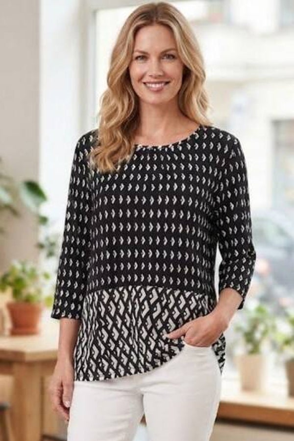 Taifun Shirt 3/4 Arm schwarz/weiß mit Muster Gr. L (40)