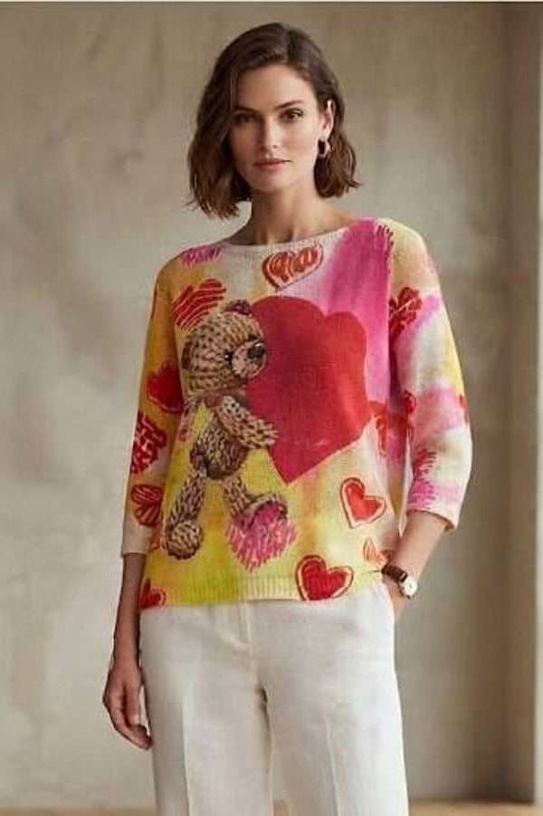 Made in Italy Feinstrickpullover 3/4 Arm gelb/rot mit Teddy Herz Motiv Gr. M (38)