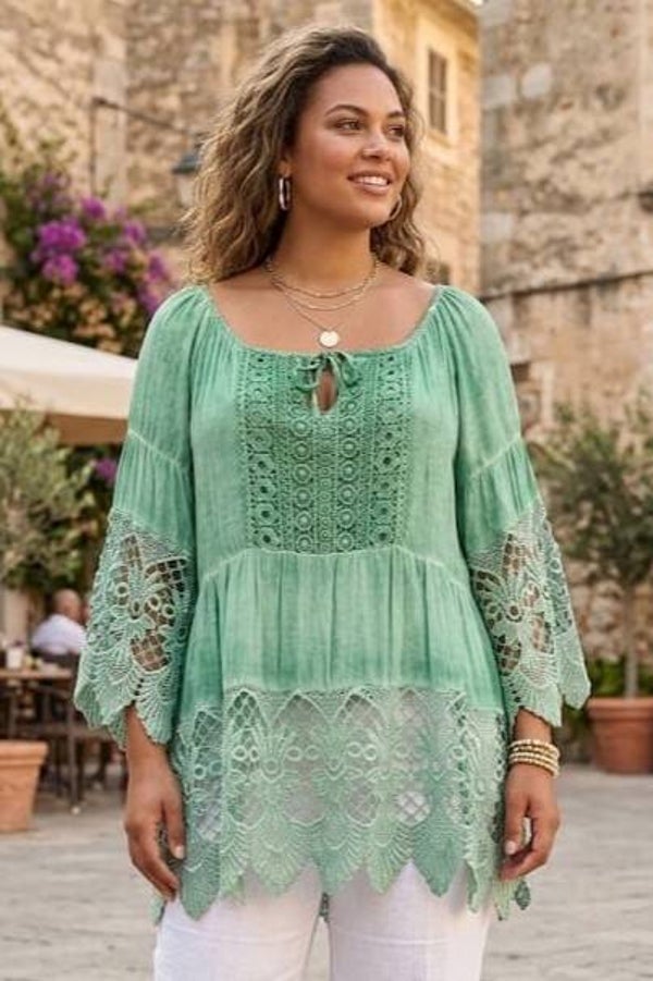 Bluse 3/4 Arm grün mit Spitzenstickerei Gr. XL (42)