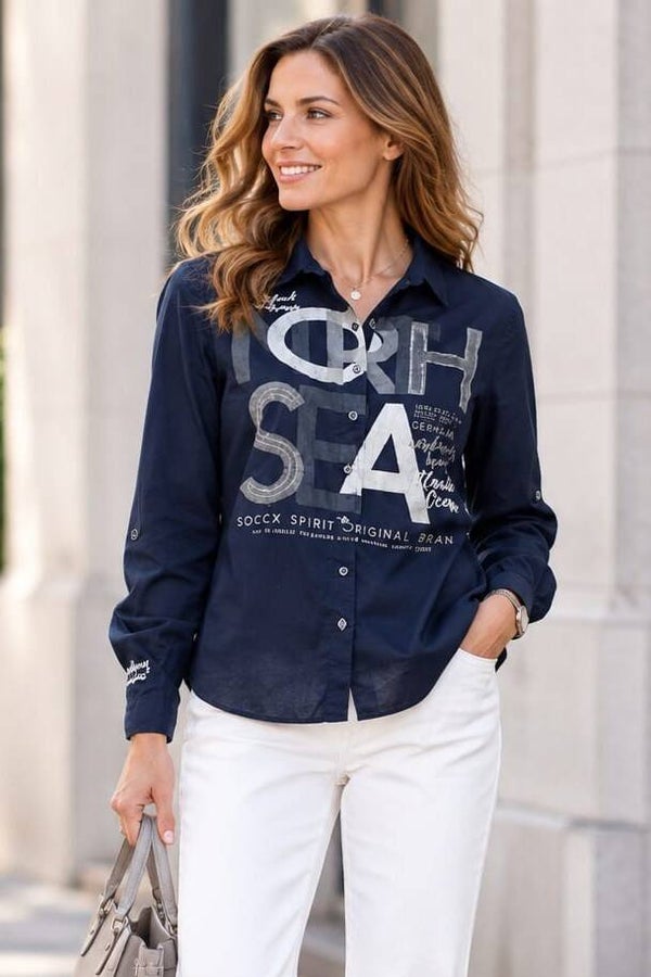 Soccx Bluse dunkelblau mit Schriftaufdruck und Pailletten Gr. S (36)