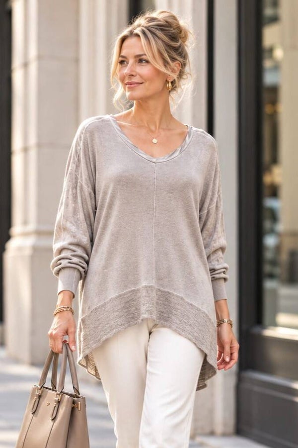 Comma Feinstrickpullover mit Blusenstoff grau Gr. L (40)